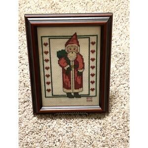 Folk Art Christmas Santa Cross Stitch Wall Pictured Wood Framed Completed